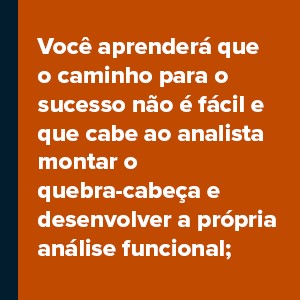 Você aprenderá que o caminho para o sucesso não é fácil e que cabe ao analista montar o quebra-cabeça e desenvolver a própria análise funcional